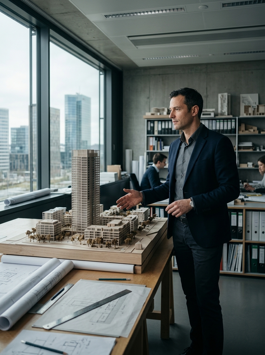 Architecte à côté d'une maquette de bâtiment