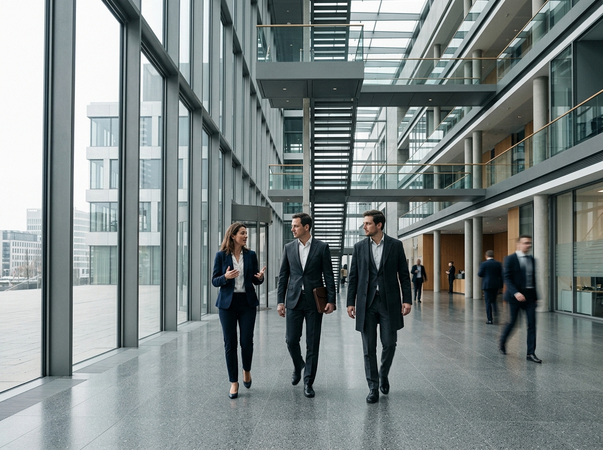 Collaborateurs traversant l'atrium d'un siège bancaire